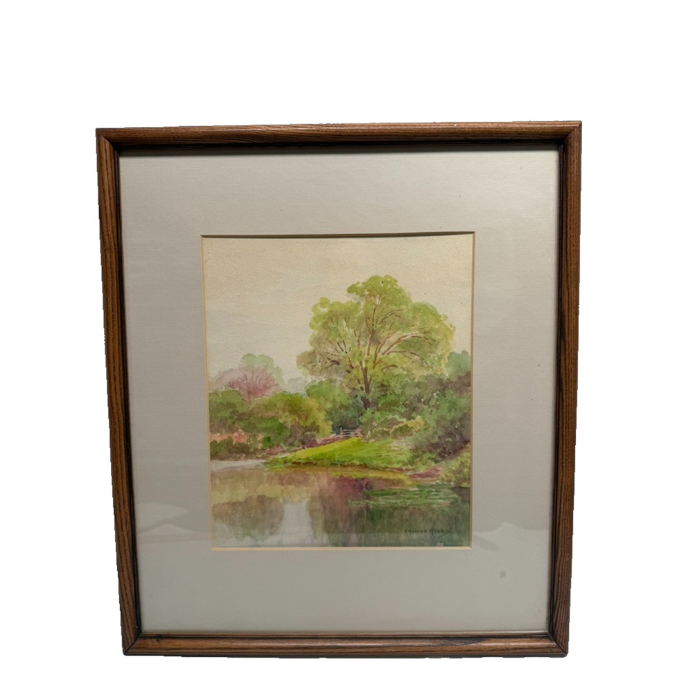 Vintage Charles Gordon Harris Watercolor Painting Landscape Outdoor Trees Water